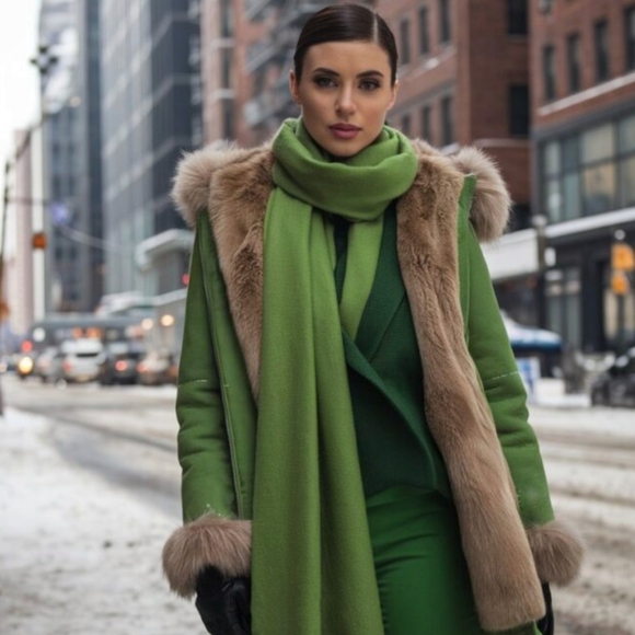 EILEEN FISHER Celadon Apple Green Silk Cashmere Square LargeWinter Scarf 50"x50" - Picture 9 of 9